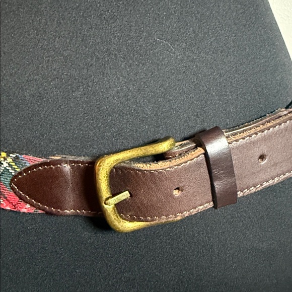 Red Tartan Plaid, Leather & Brass Belt SZ 36 - Picture 2 of 10